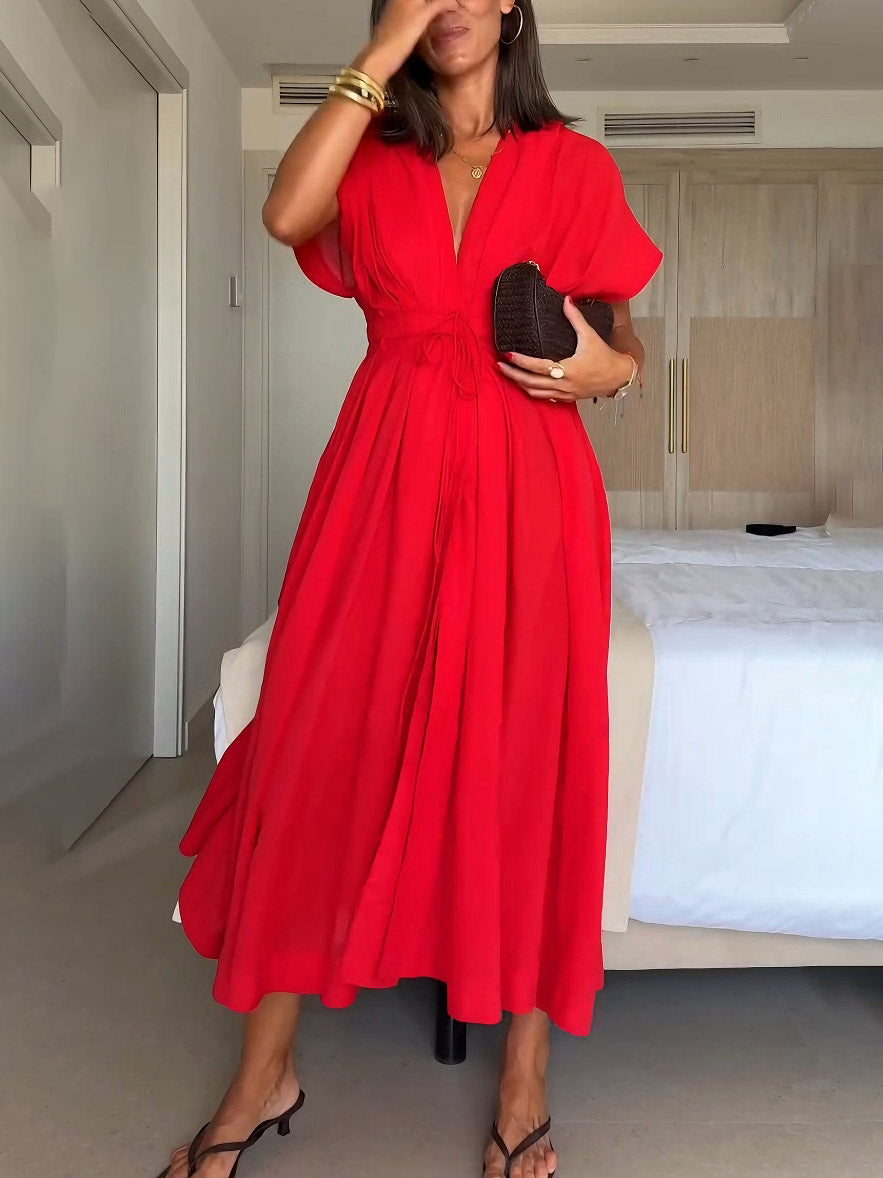 Robe midi plissée élégante à col en V et cordon de serrage