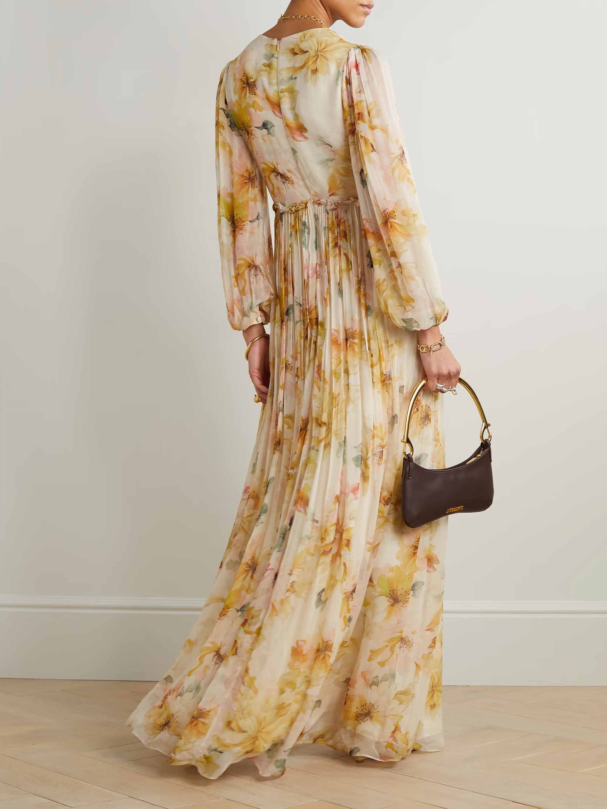 Exquisite V-neck Oil Painting Floral Print Pleated Chiffon Maxi Dress