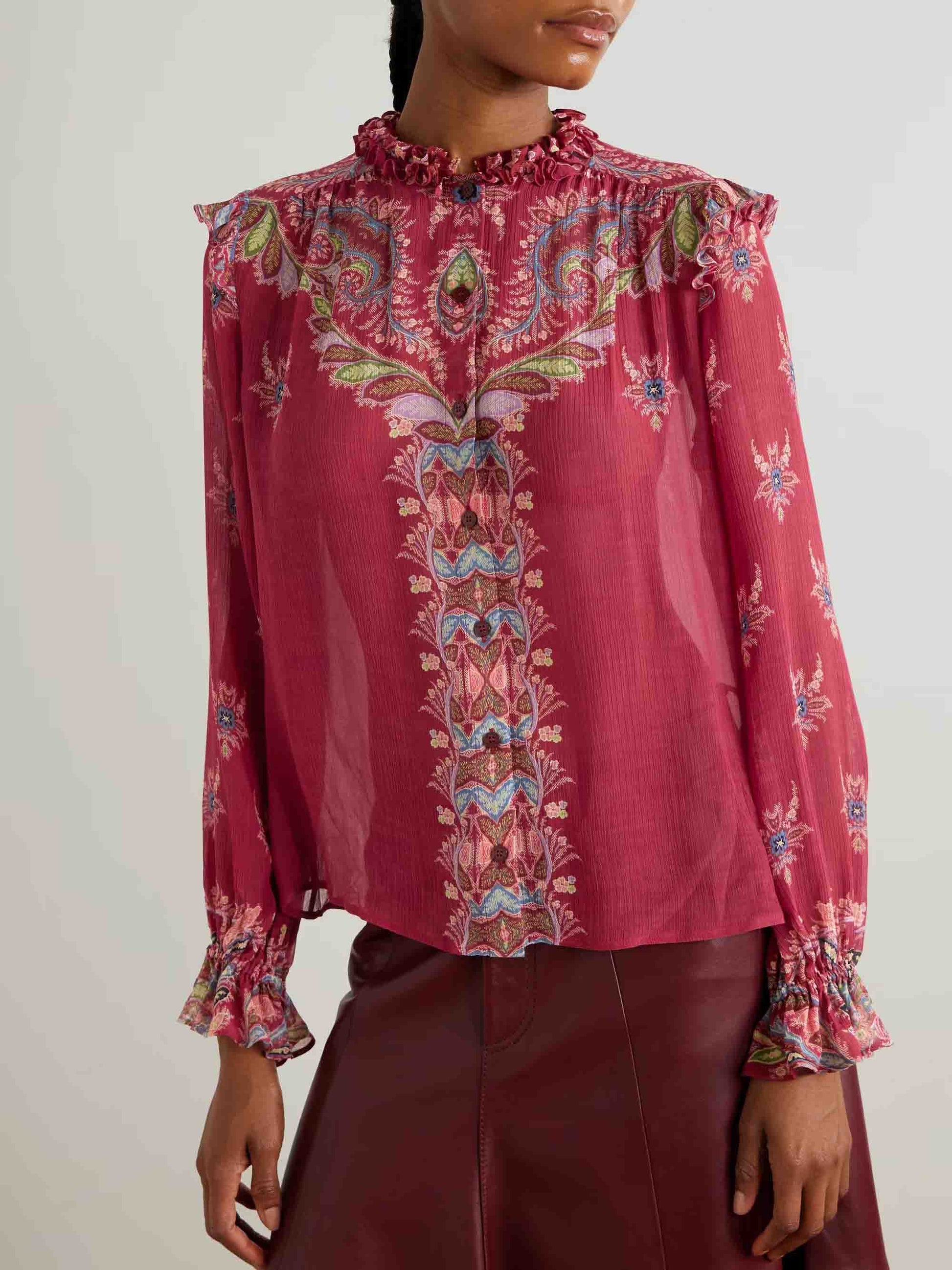 Exquisite Bohemian Ruffled Printed Chiffon Shirt