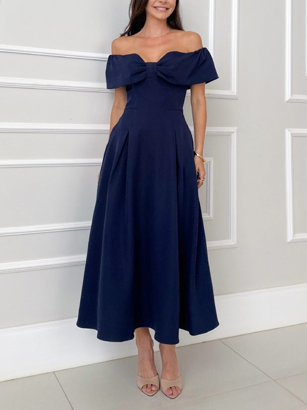 Robe mi-longue élégante à une épaule avec nœud papillon