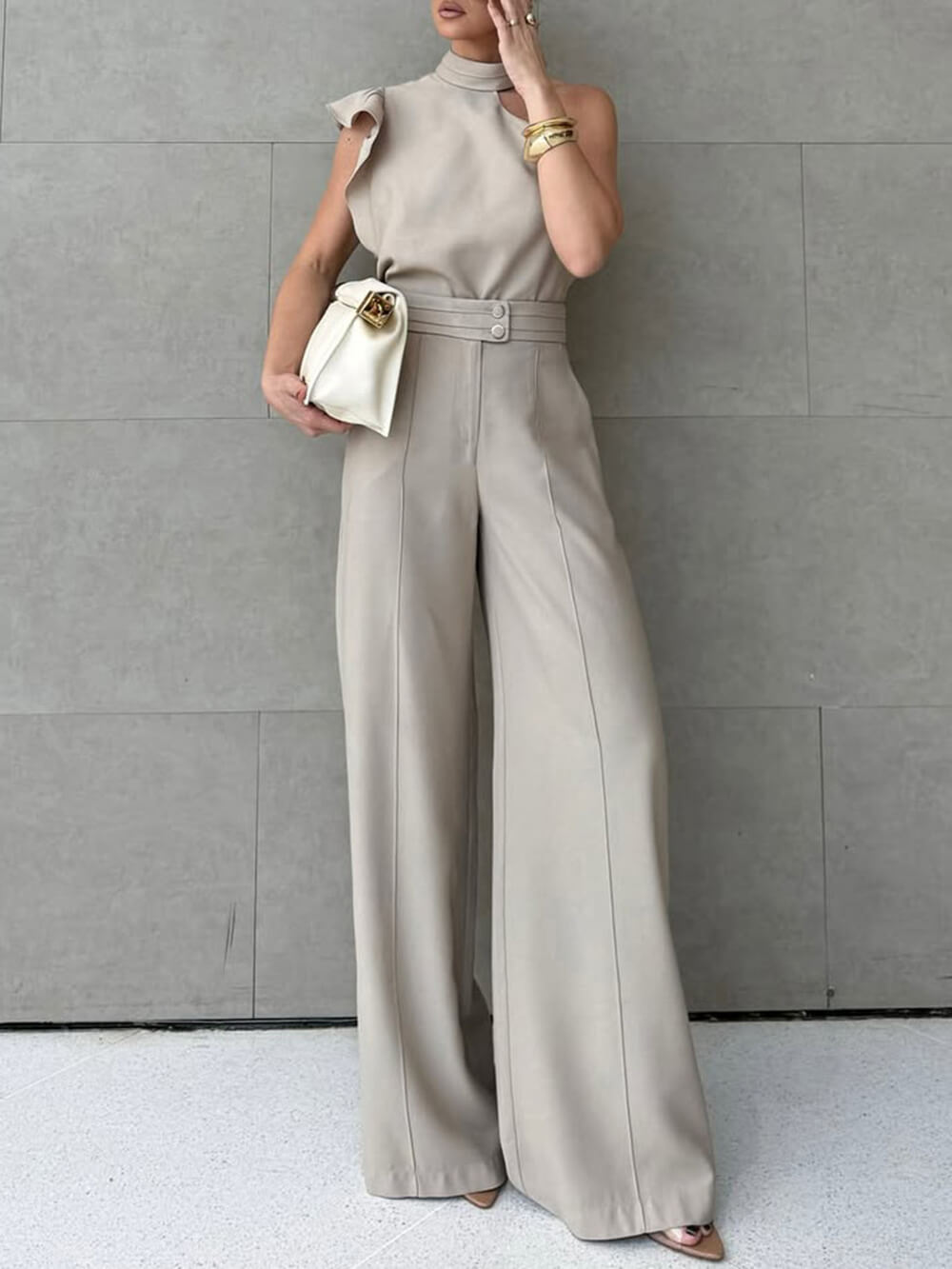 Ensemble haut licou décontracté à manches volantées et pantalon droit uni simple