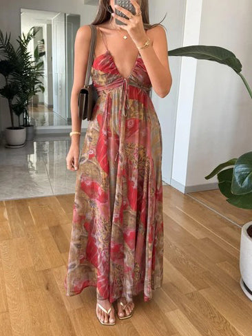 Robe longue à bretelles et col en V à imprimé végétal rétro