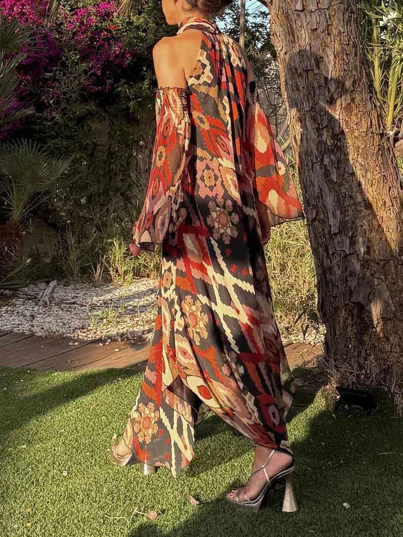 Robe longue à manches convertibles et imprimé géométrique bohème rétro