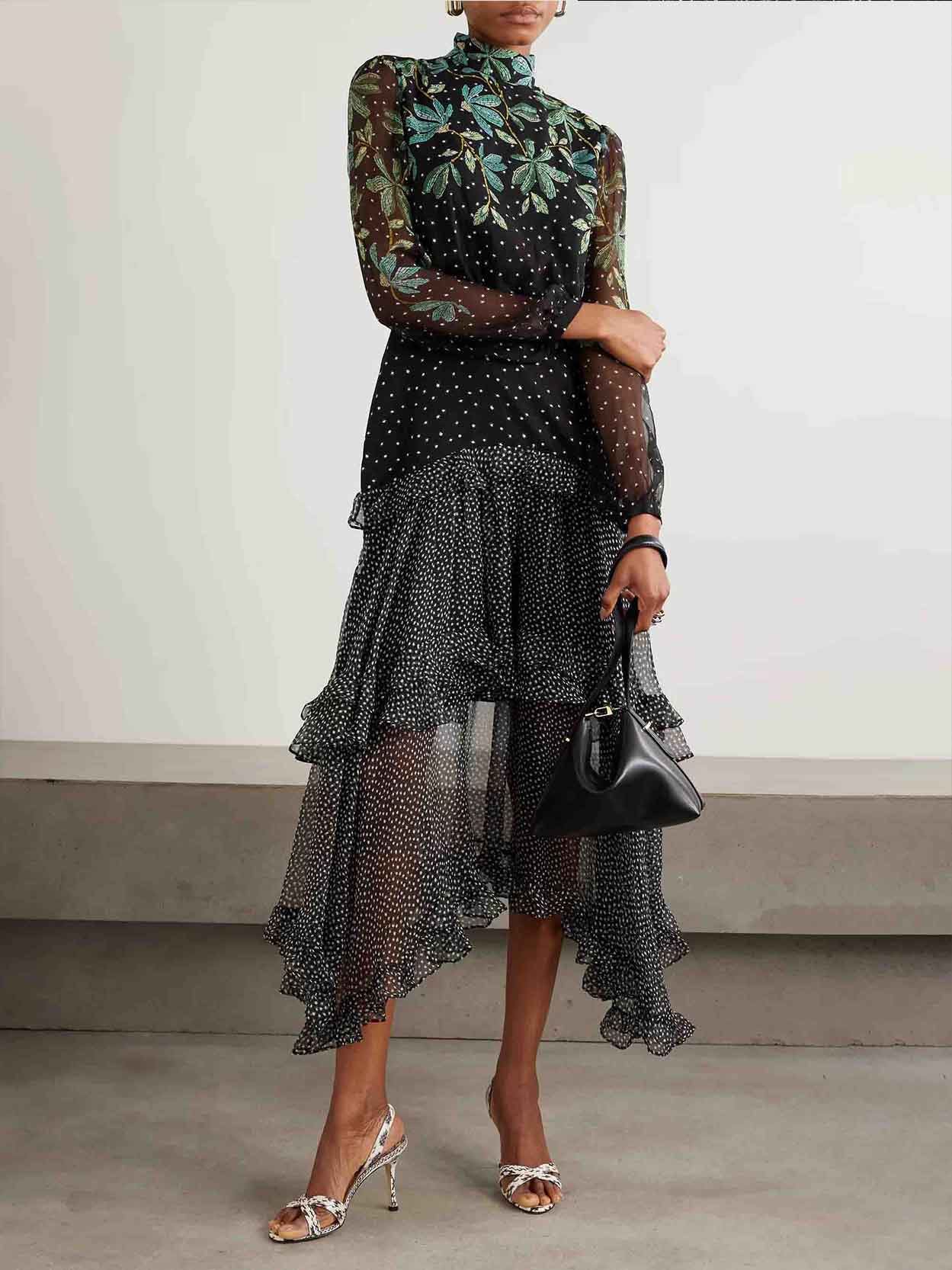 Robe midi à volants et imprimé floral à pois exquis