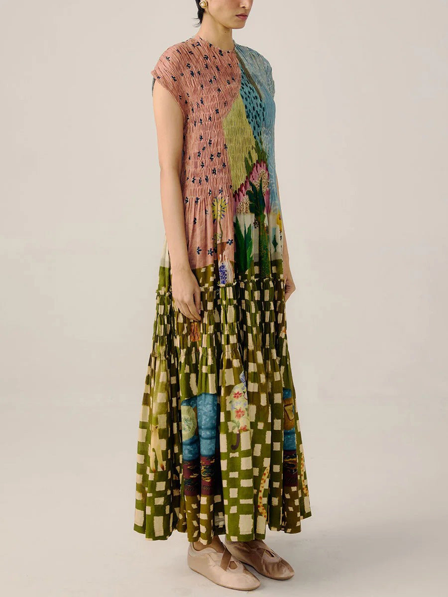 Robe longue plissée à imprimé rétro