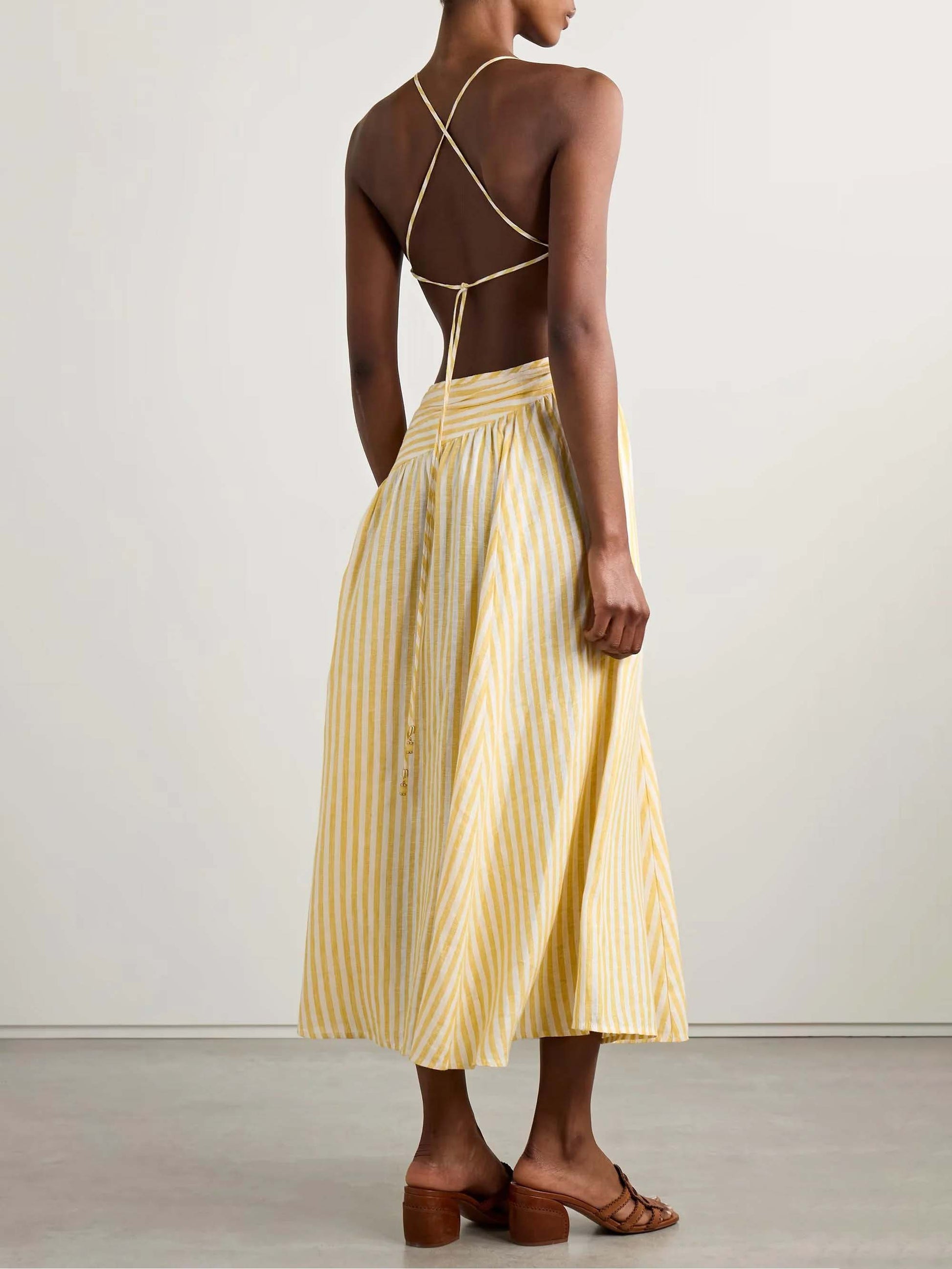 Robe midi décontractée exquise à imprimé rayé et plissé