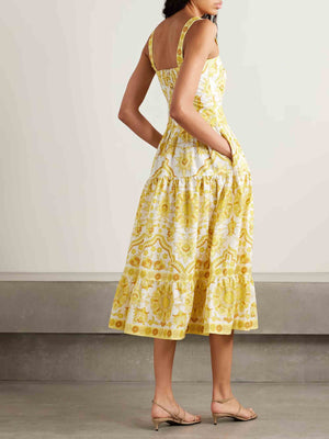 Exquisite Tile Floral Print Buttoned Midi Dress