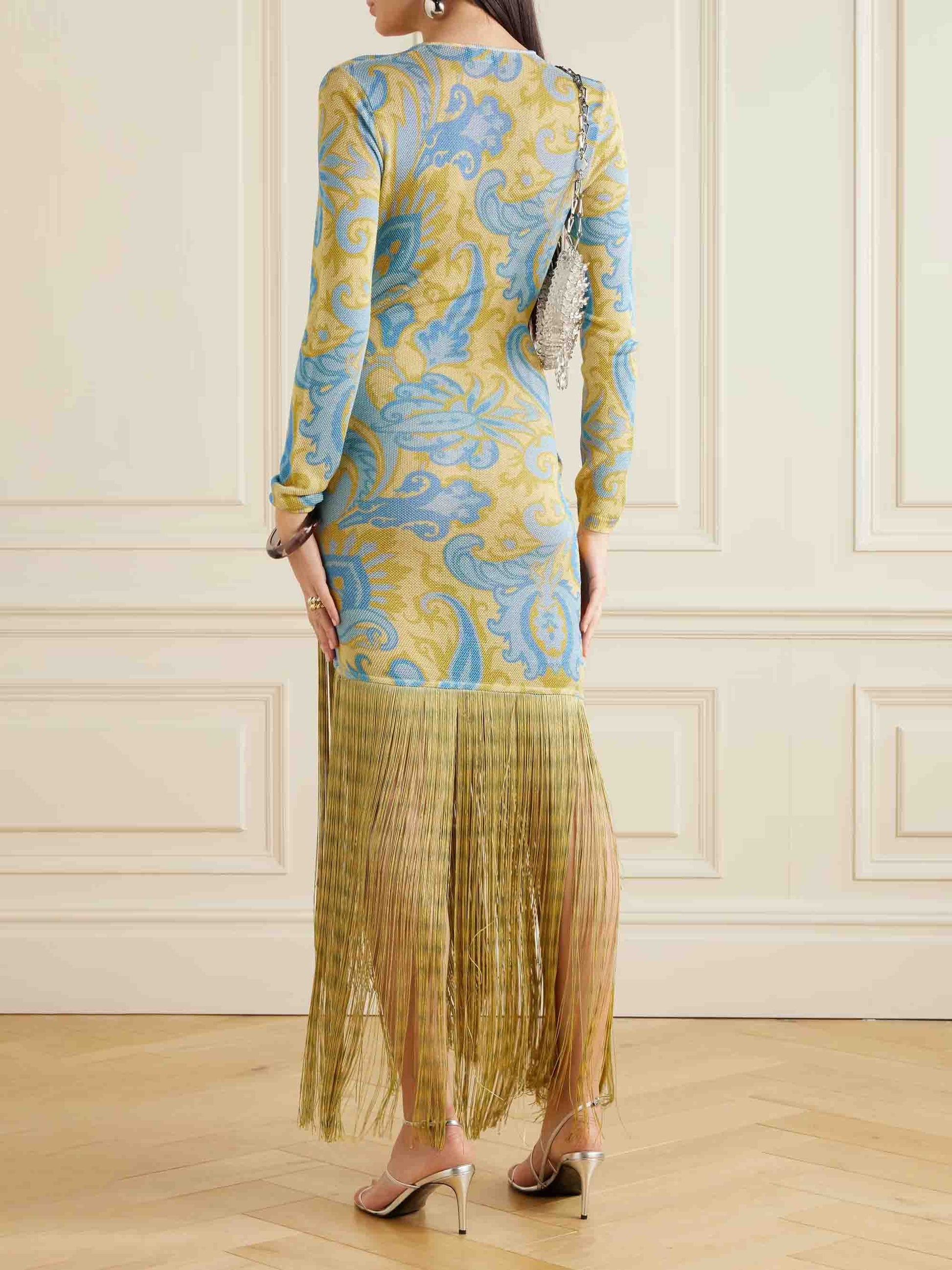 Robe longue en maille à franges et imprimé floral rétro