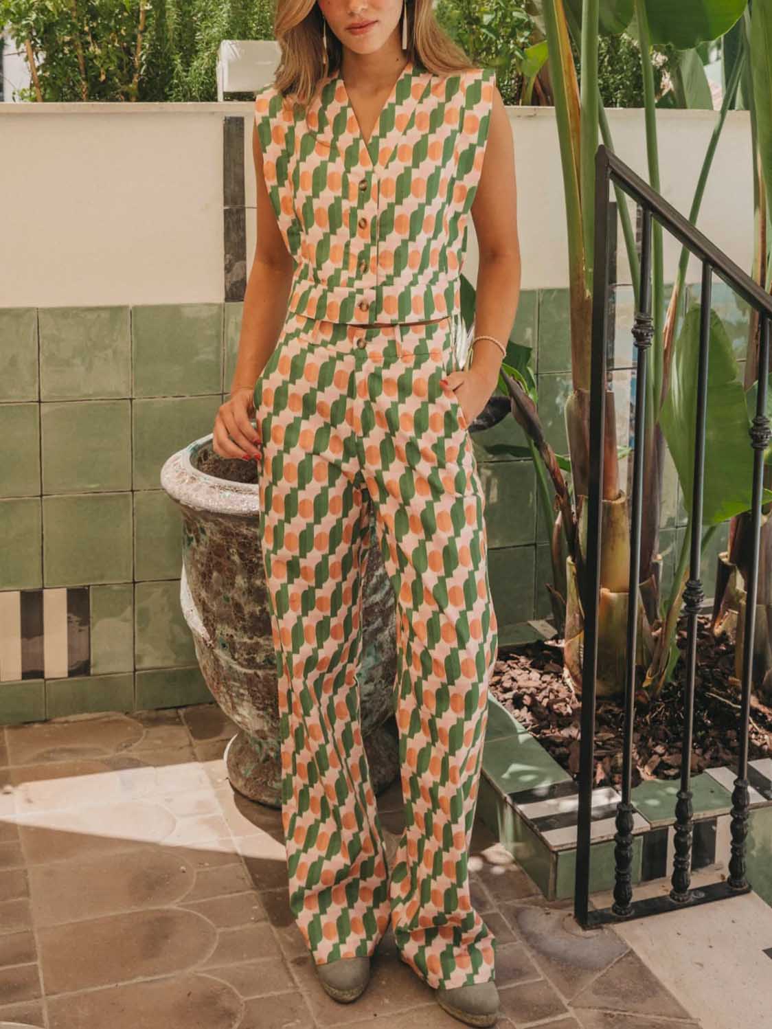 Pantalon décontracté à imprimé géométrique coloré