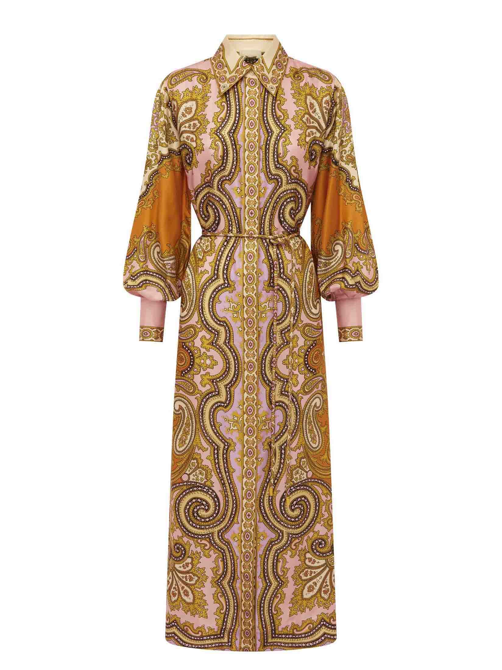 Robe longue boutonnée en satin exquis à imprimé cachemire unique