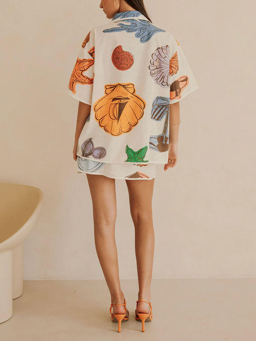 Classic Casual Linen Floral Print Shirt And Mini Skirt Set