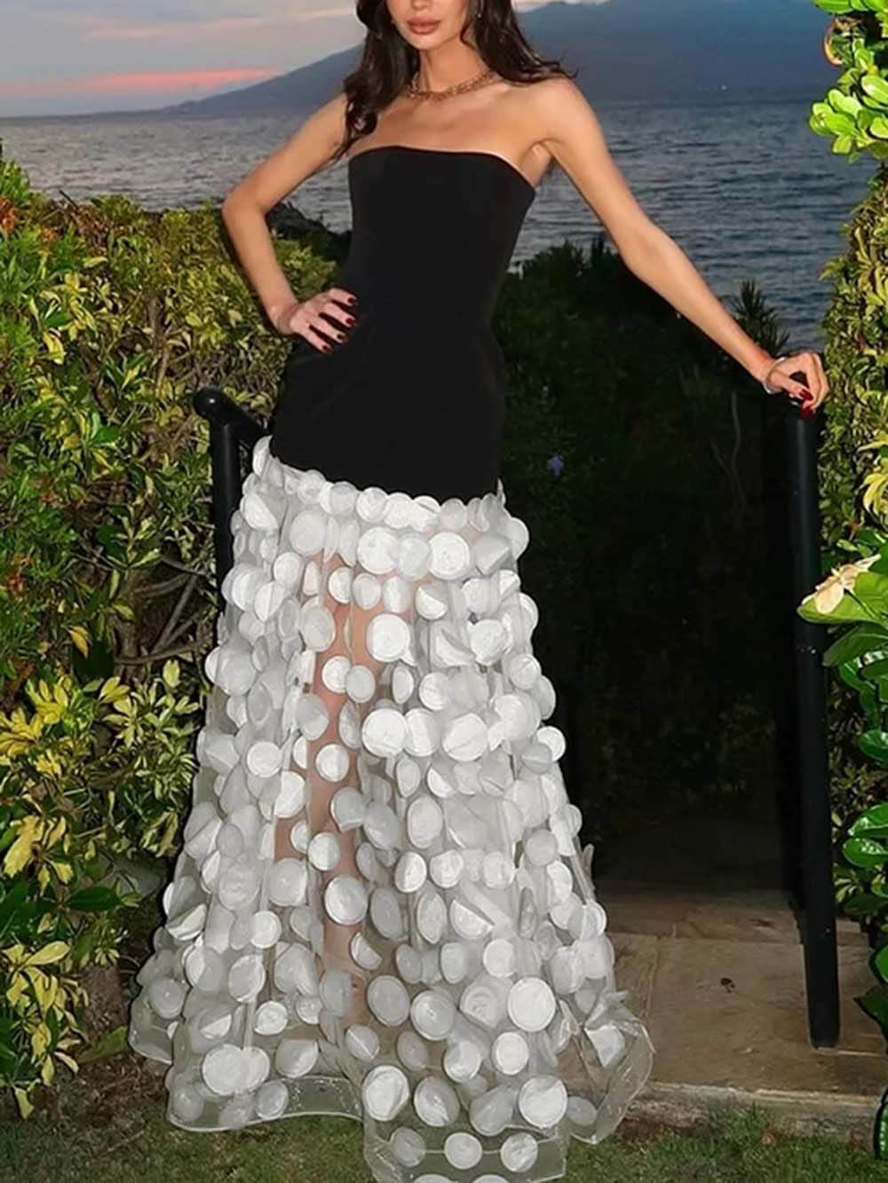 Elegant Black And White Tube Top Three-Dimensional Flower Pettiskirt Dinner Dress