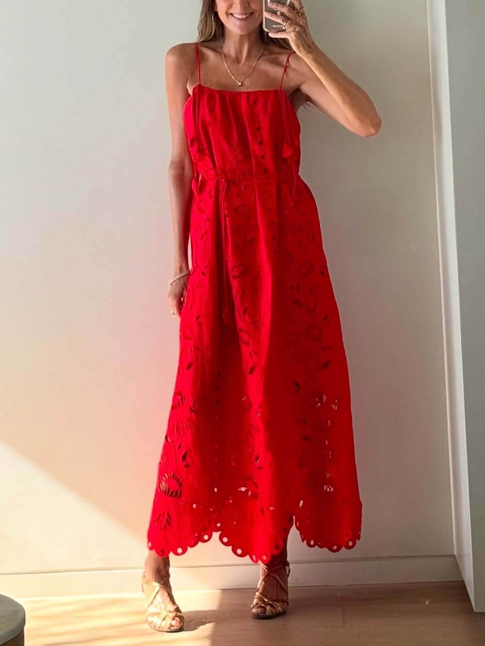 Robe midi élégante en lin mélangé au crochet avec bordure en dentelle