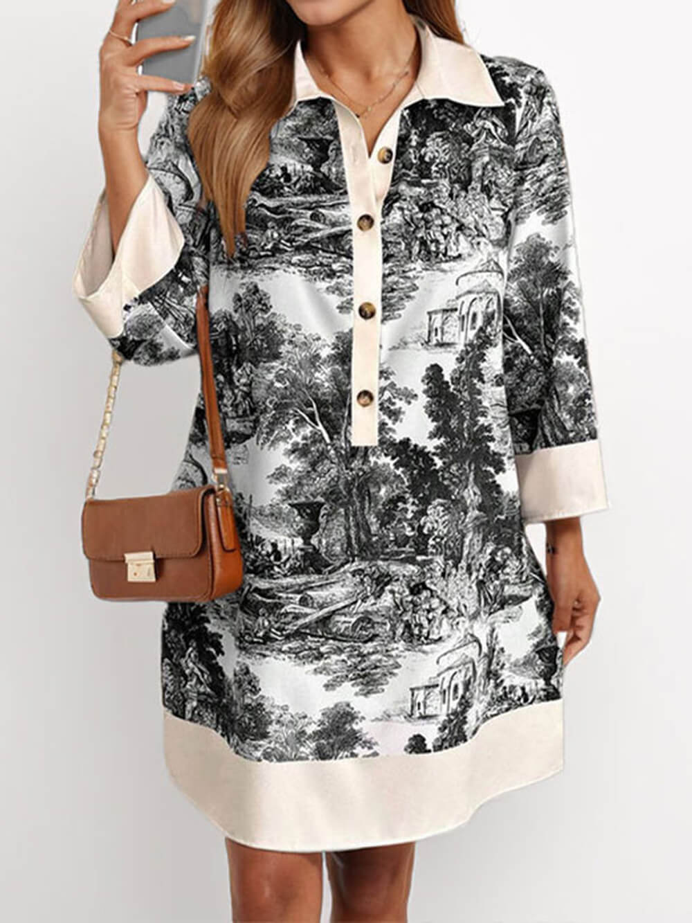 Robe courte ample élégante à imprimé contrasté et motif peinture à l'huile