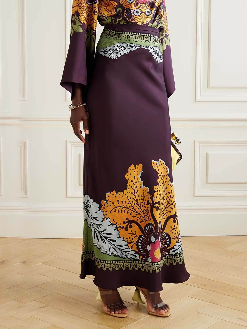 Retro Ethnic Print Satin Twill Maxi Skirt