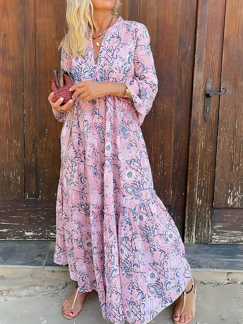 Robe longue ample à imprimé floral et col en V pour les fêtes