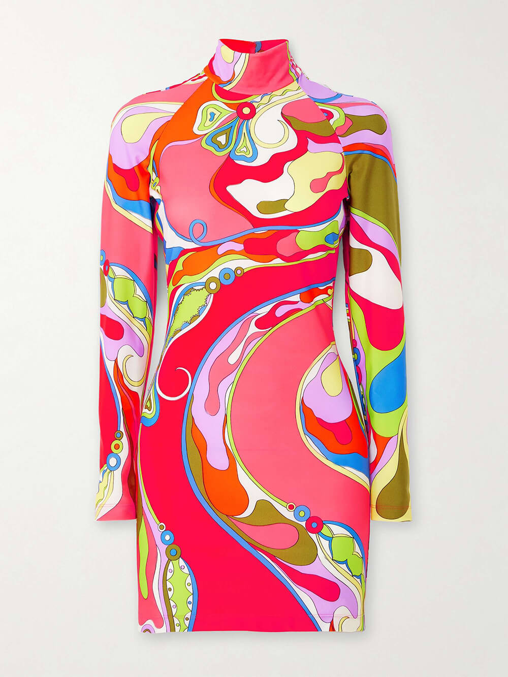 Minikleid aus Stretch-Twill mit Rollkragen und Retro-Print