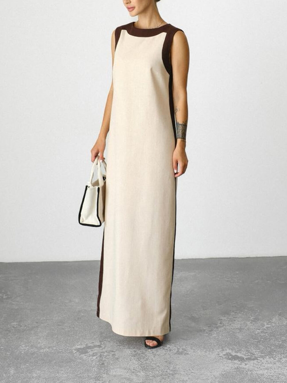 Einzigartiges Retro-Maxikleid aus Leinen mit Colorblock-Muster und Gürtel