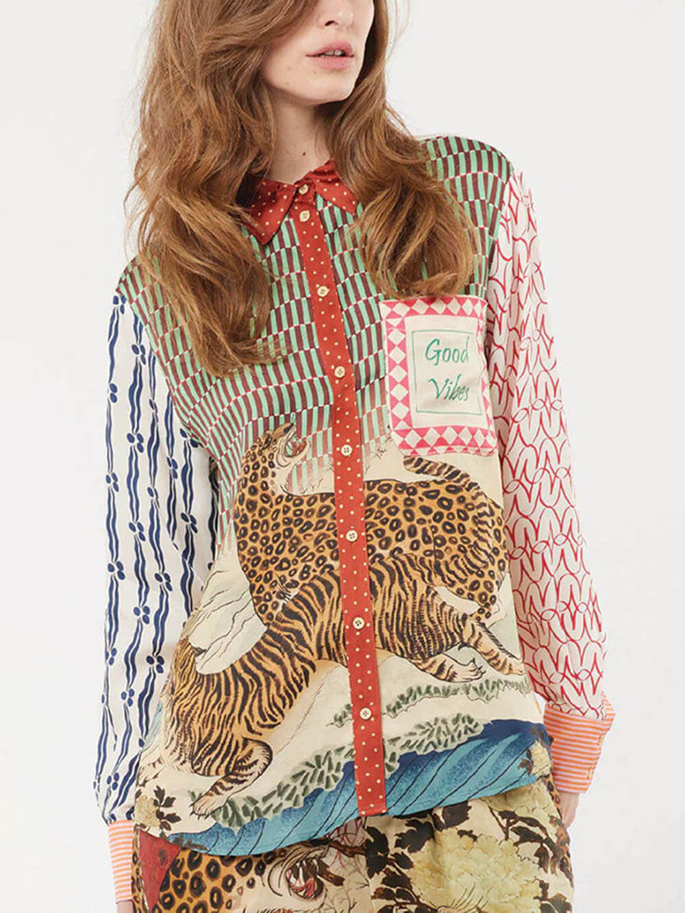 Chemise ample à manches longues et imprimé tigre de la jungle tropicale unique