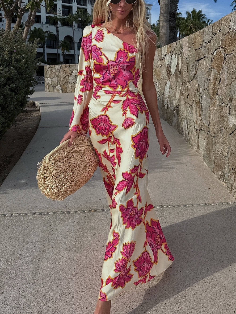 Einzigartiges ausgestelltes Maxikleid aus Satin mit Blumenmuster und einer Schulter