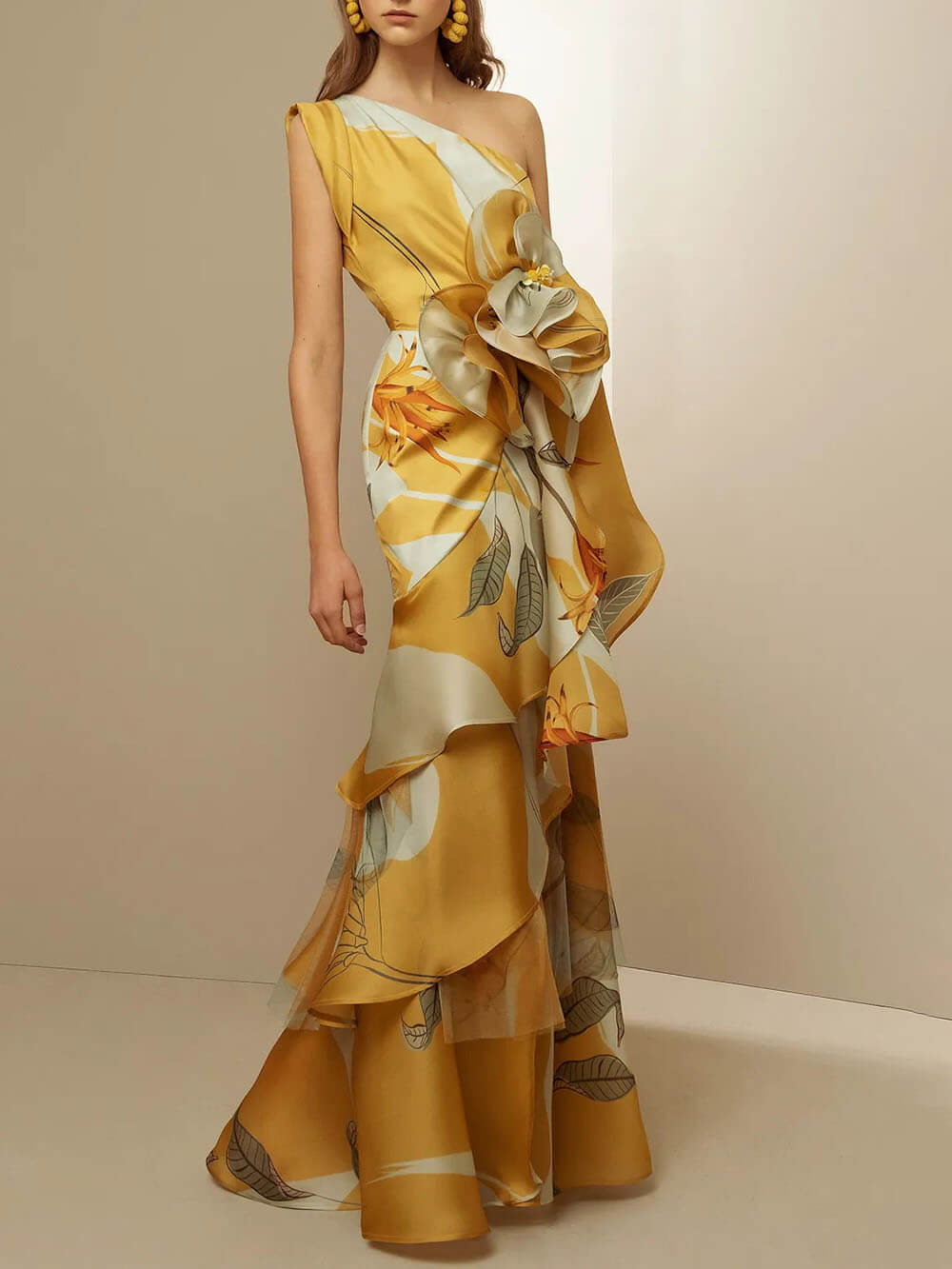 Retro Französisches, hoch tailliertes, bedrucktes Off-Shoulder-Kleid