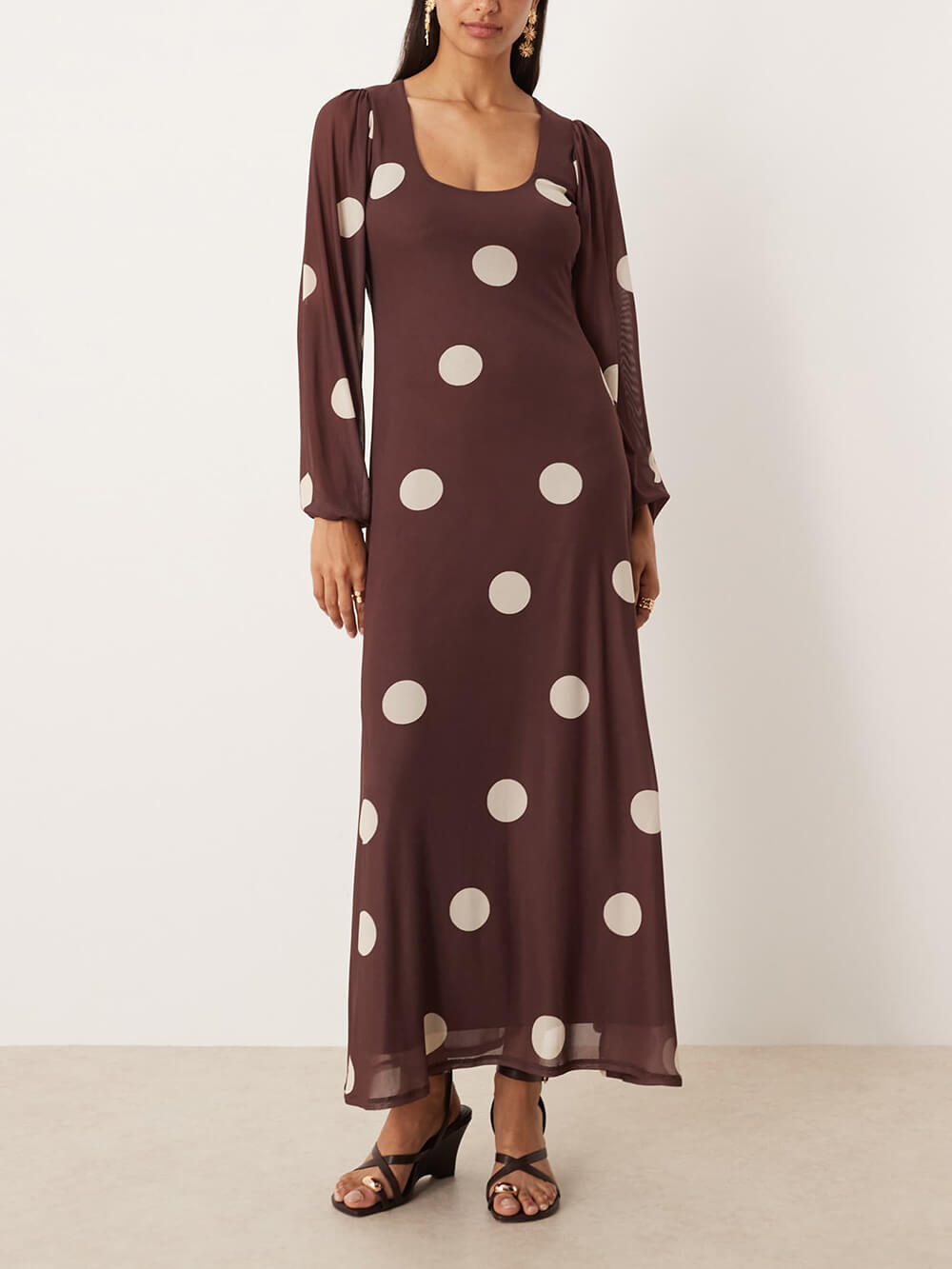 Elegant Polka Dot Print Lantern Sleeve Maxi Dress
