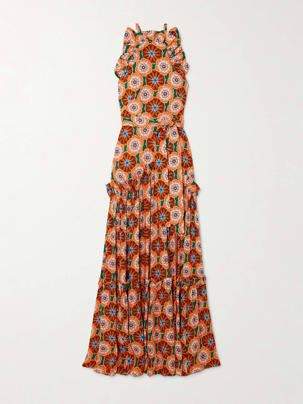 Robe longue rétro en mousseline froissée imprimée à volants et à taille nouée