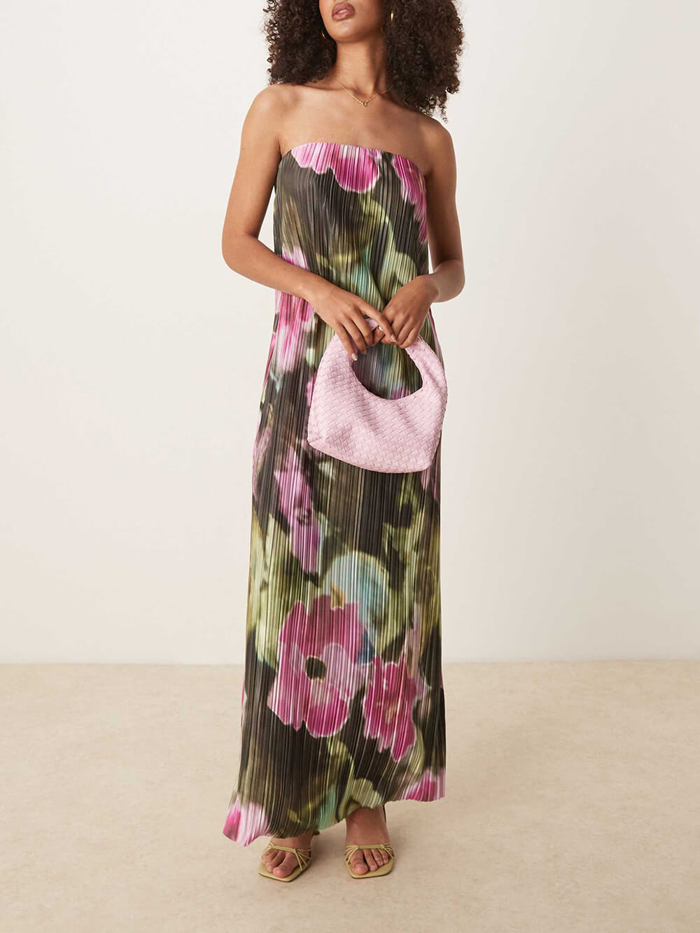 Sexy trägerloses, schulterfreies, plissiertes Maxikleid mit Blumenmuster