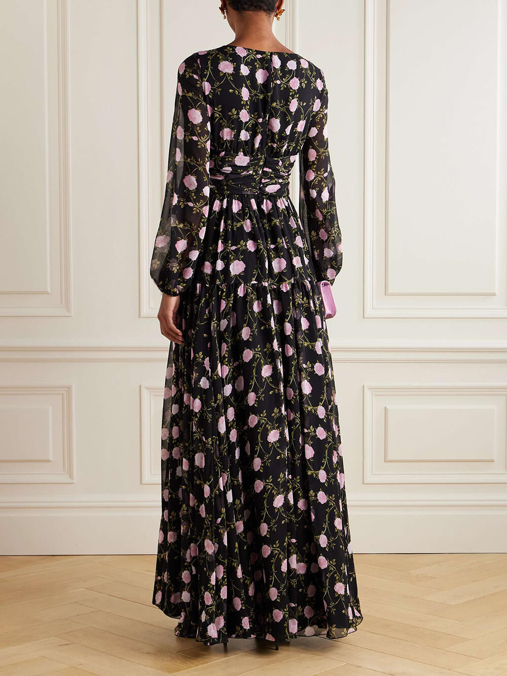 Robe longue en mousseline de soie à imprimé floral plissé et romantique