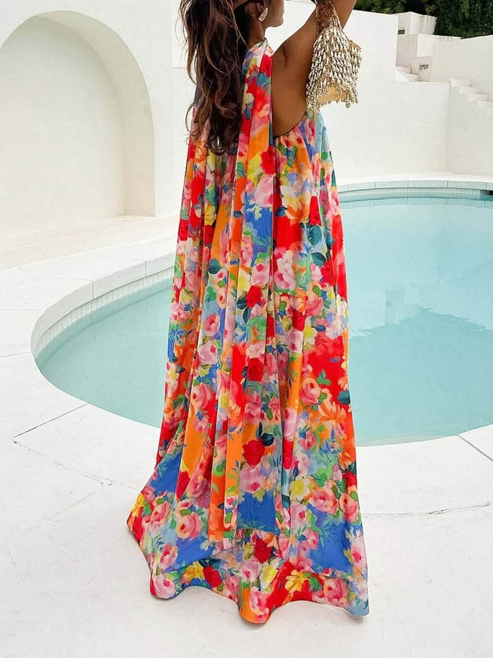 Robe longue à imprimé floral rétro et épaules dénudées