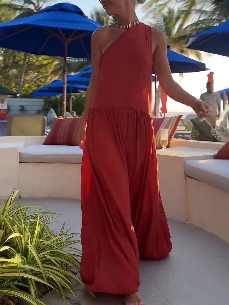 Casual One-shoulder Neckline Low-waist Pleated Maxi Dress