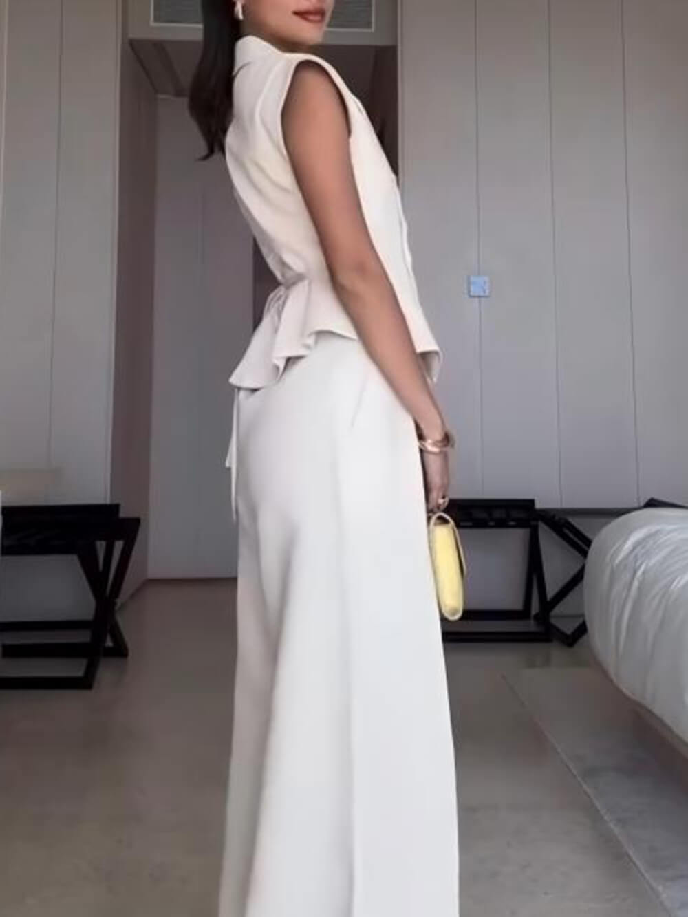 Pantalon décontracté taille haute plissé avec poches et jambes larges