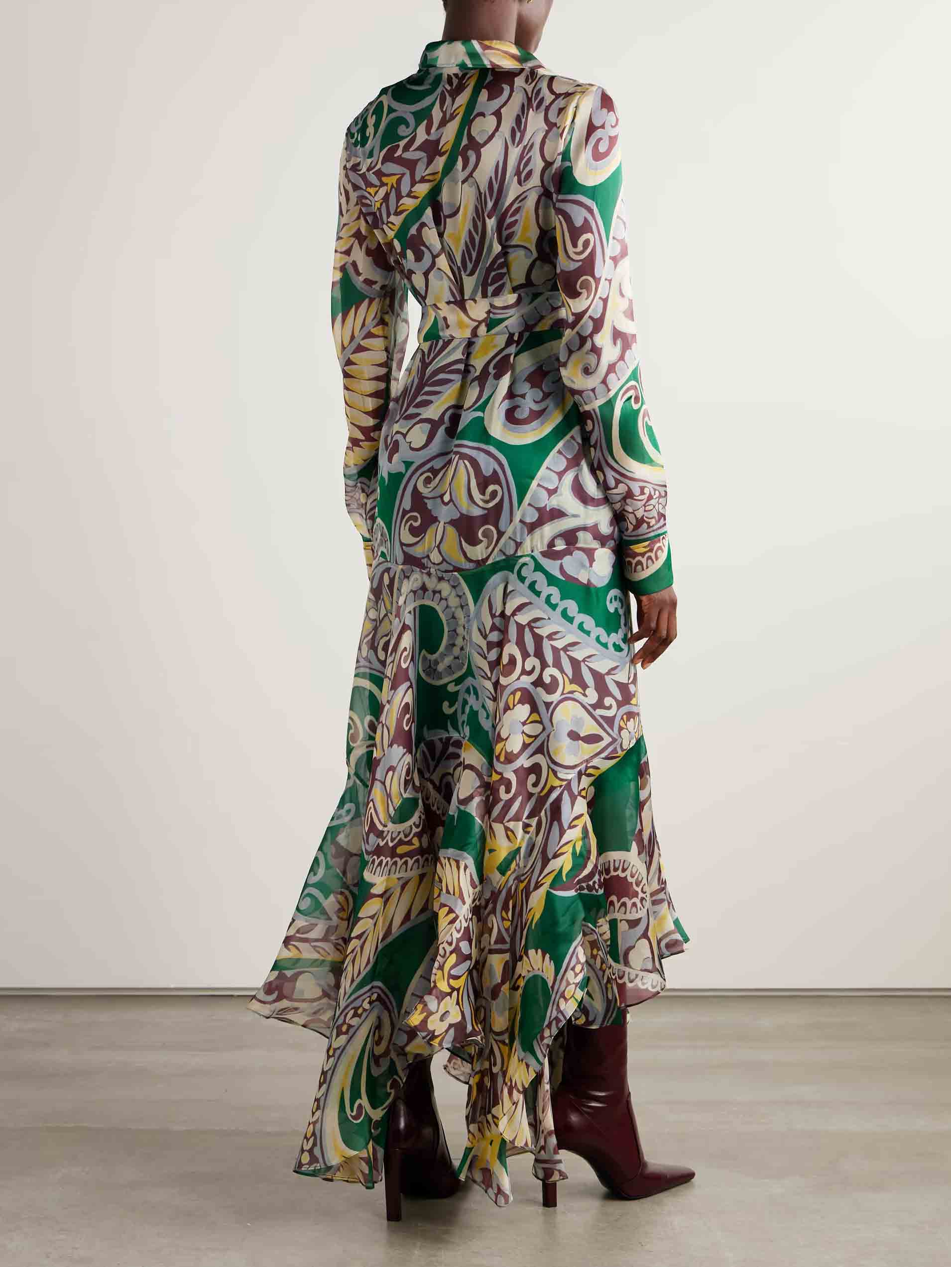 Unique Belted Asymmetrical Paisley Print Maxi Dress