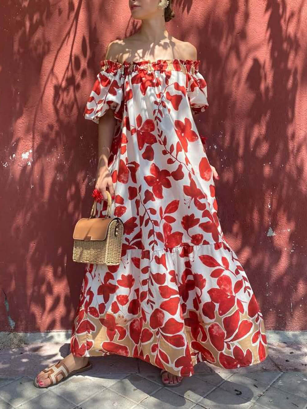 Robe longue décontractée à imprimé floral et manches bouffantes