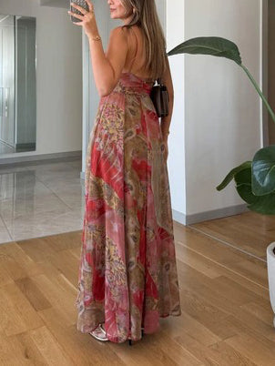Robe longue à bretelles et col en V à imprimé végétal rétro