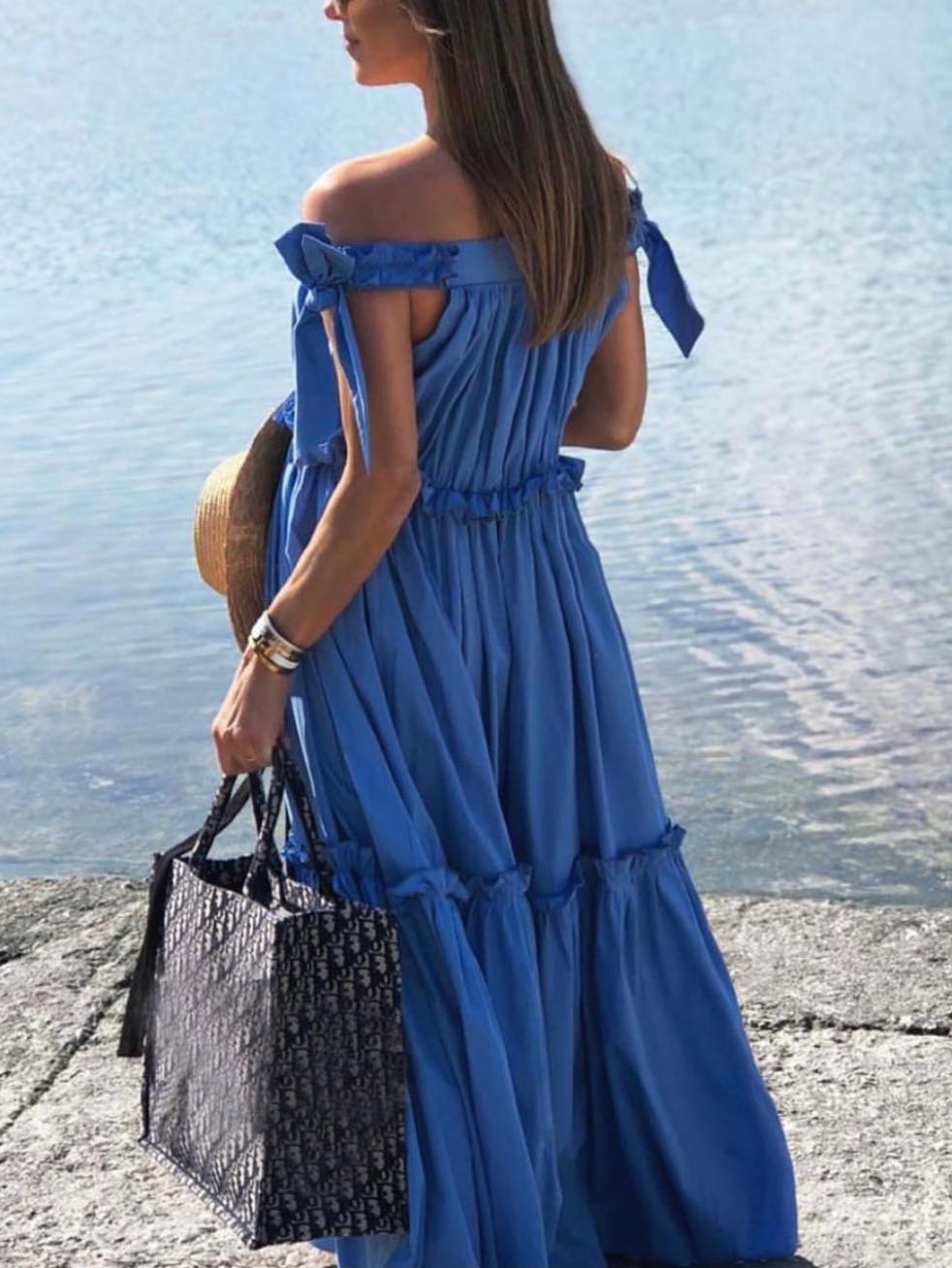 Robe longue décontractée plissée à volants ultra ample