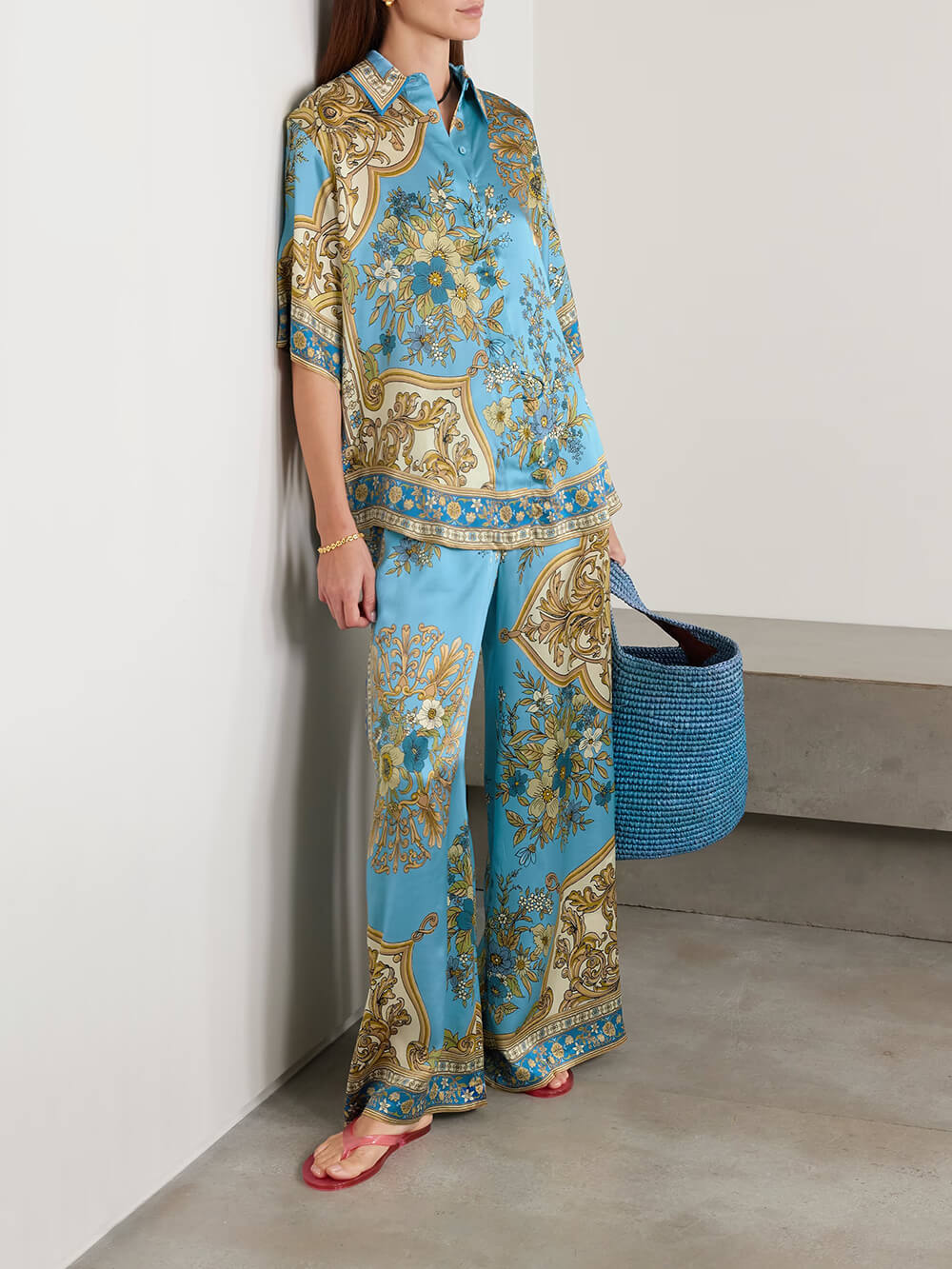 Chemise boutonnée ample en satin à imprimé floral, décontractée et unique