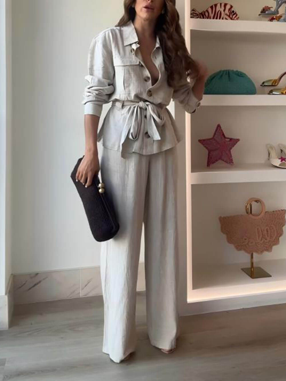 Classic Linen Tie Chest Pocket Oversized Button Shirt