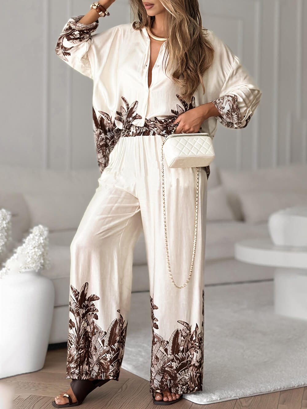 Pantalon large décontracté à taille élastique et imprimé floral