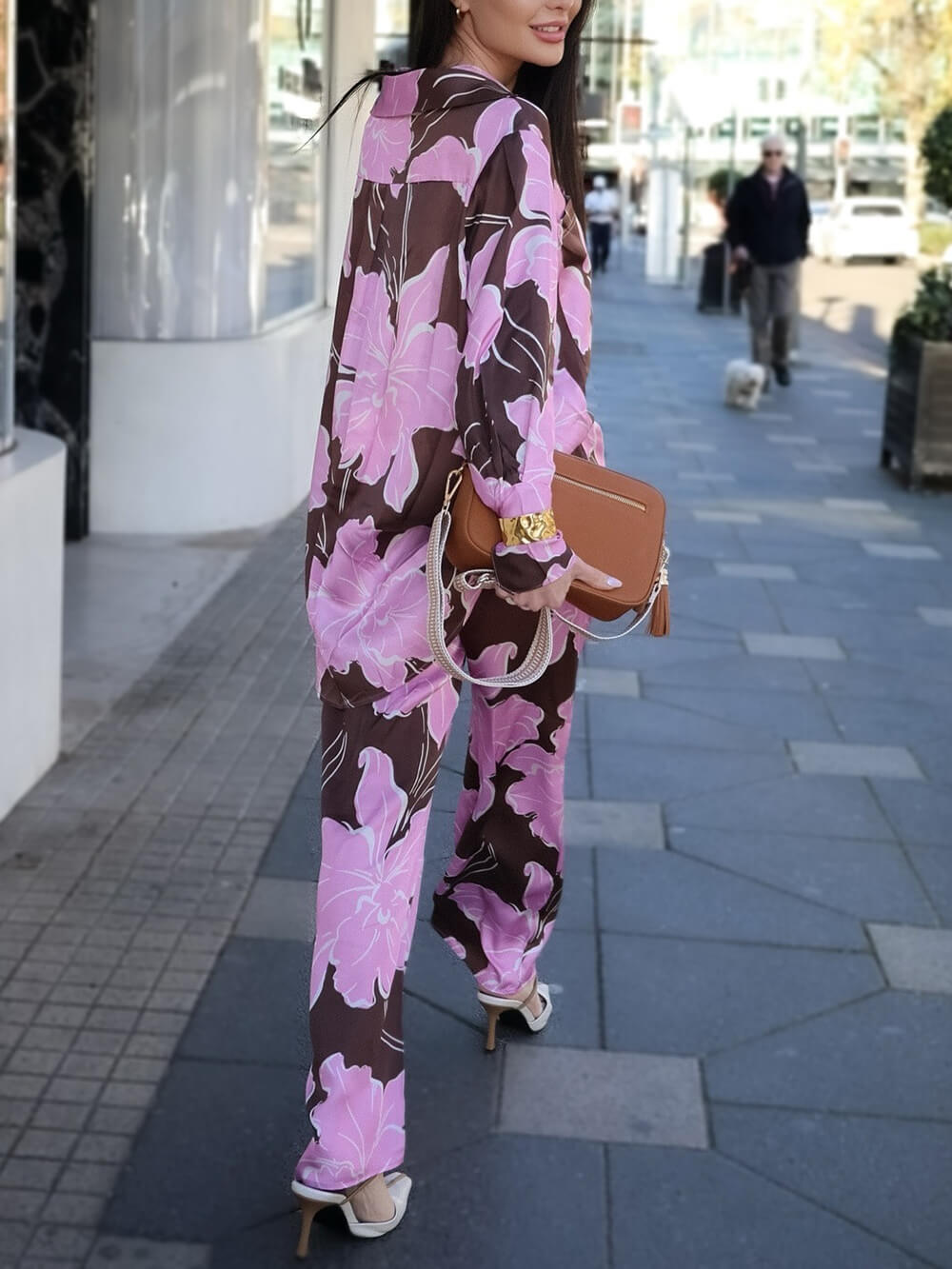 Pantalon droit décontracté à taille élastique et poches nouées, imprimé magnolia