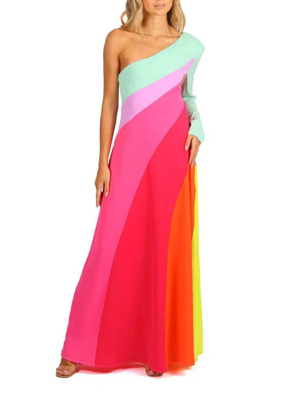 Robe longue unique à une épaule et à blocs de couleurs