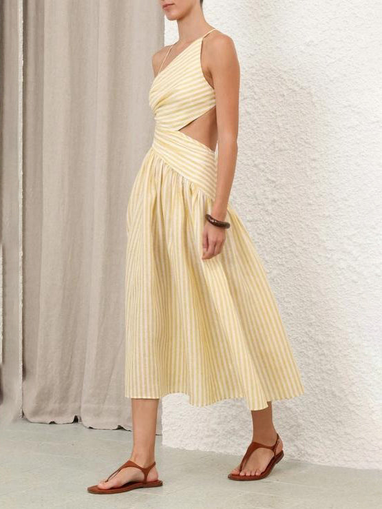 Robe midi décontractée exquise à imprimé rayé et plissé