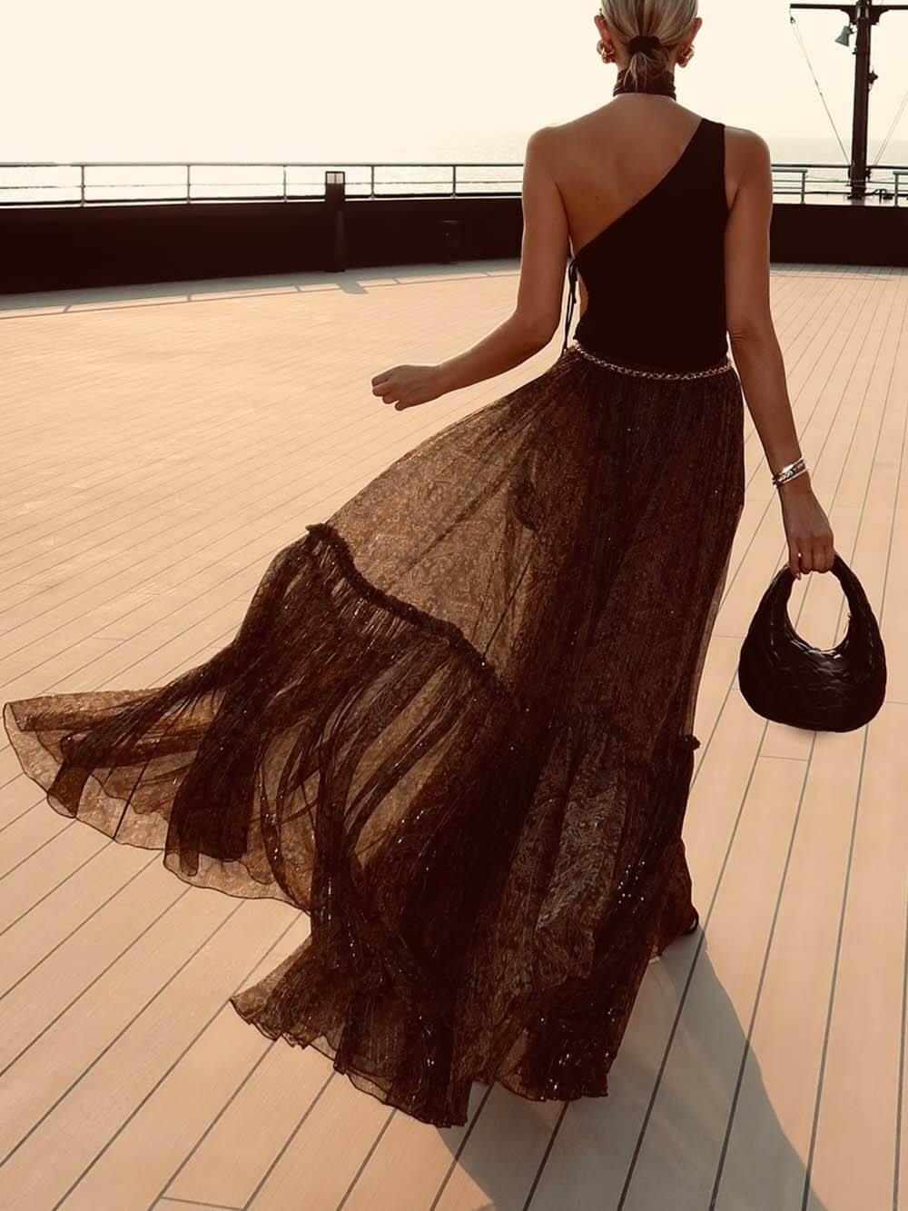 Elegant Chiffon Print Ruffle A-Line Maxi Skirt