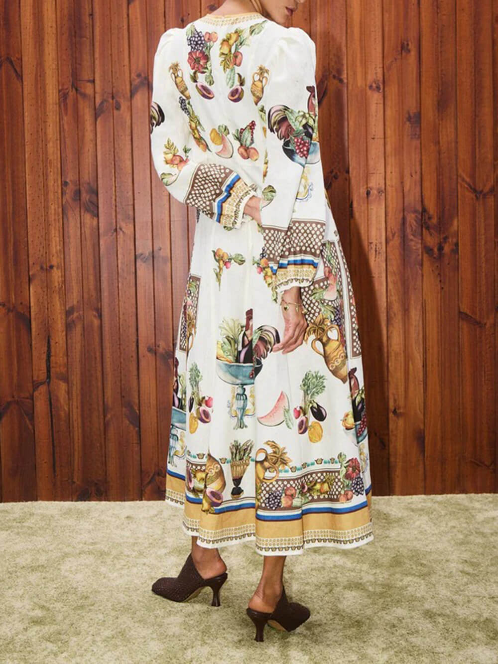 Robe longue trapèze décontractée à imprimé patchwork de fruits tropicaux Island Bloom