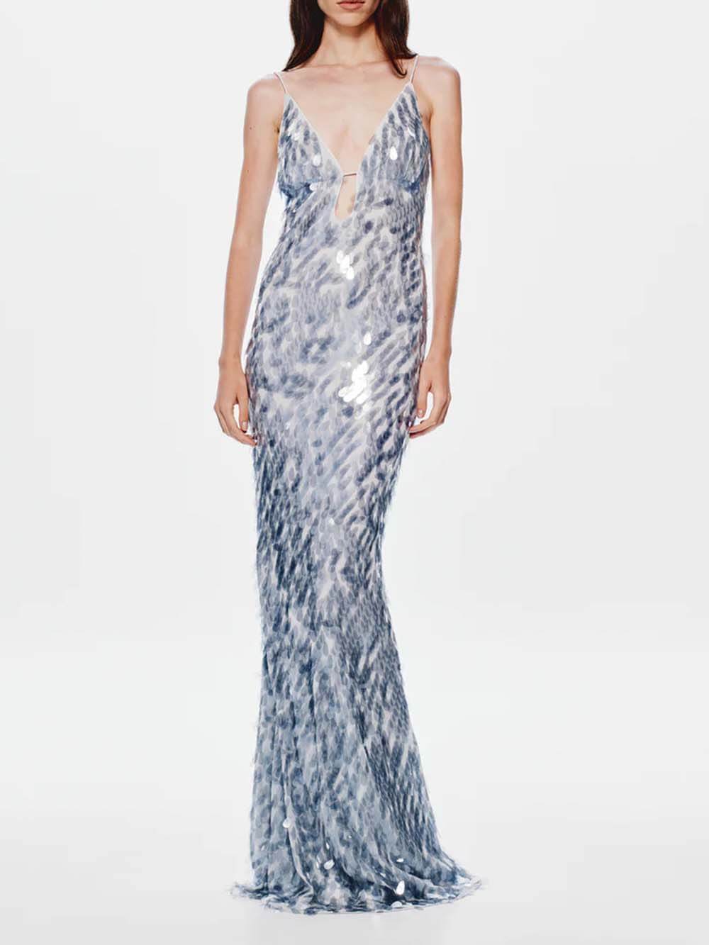 Elegantes, figurbetontes Party-Maxikleid mit Pailletten und V-Ausschnitt