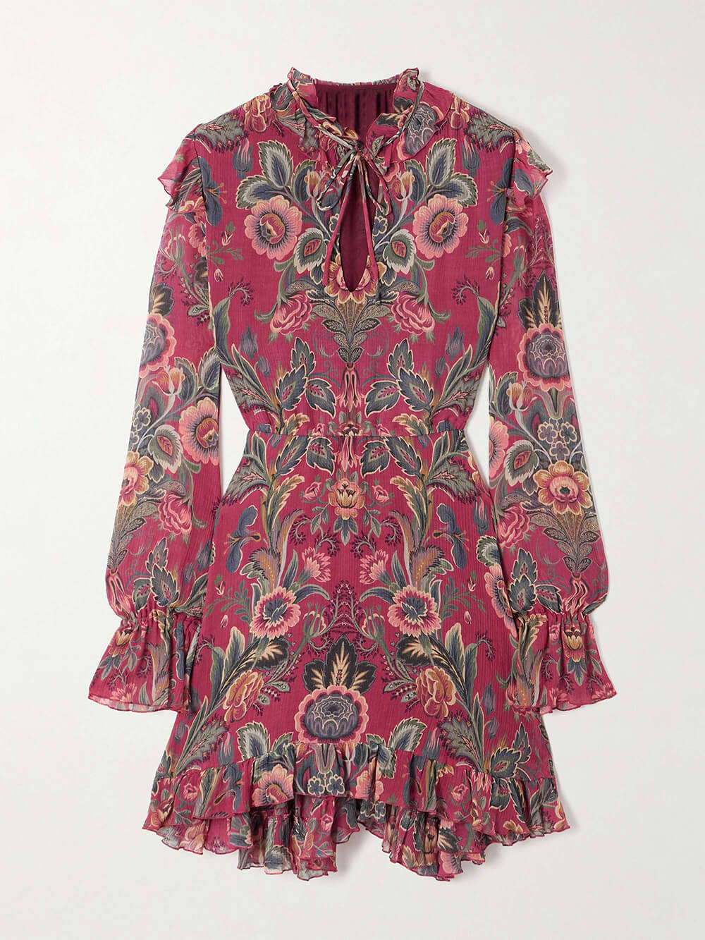 Bedrucktes Minikleid im Boho-Stil mit Rüschenbesatz und Knitteroptik