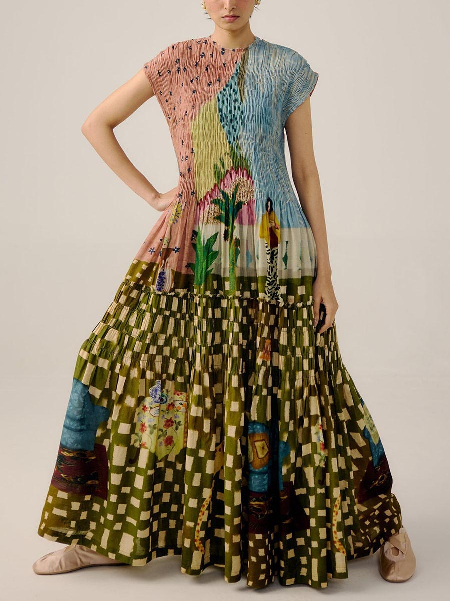 Robe longue plissée à imprimé rétro