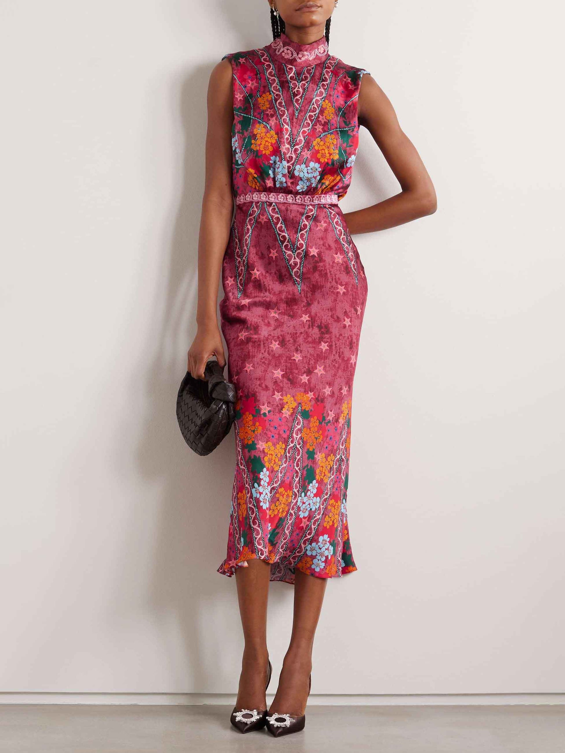 Robe mi-longue en satin à imprimé floral rétro étoiles