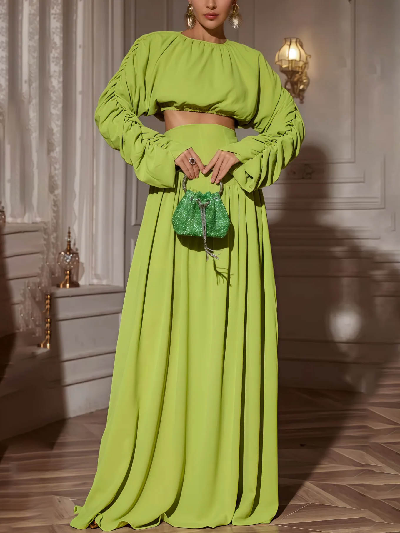 Elegantes, plissiertes Langarm-Crop-Shirt