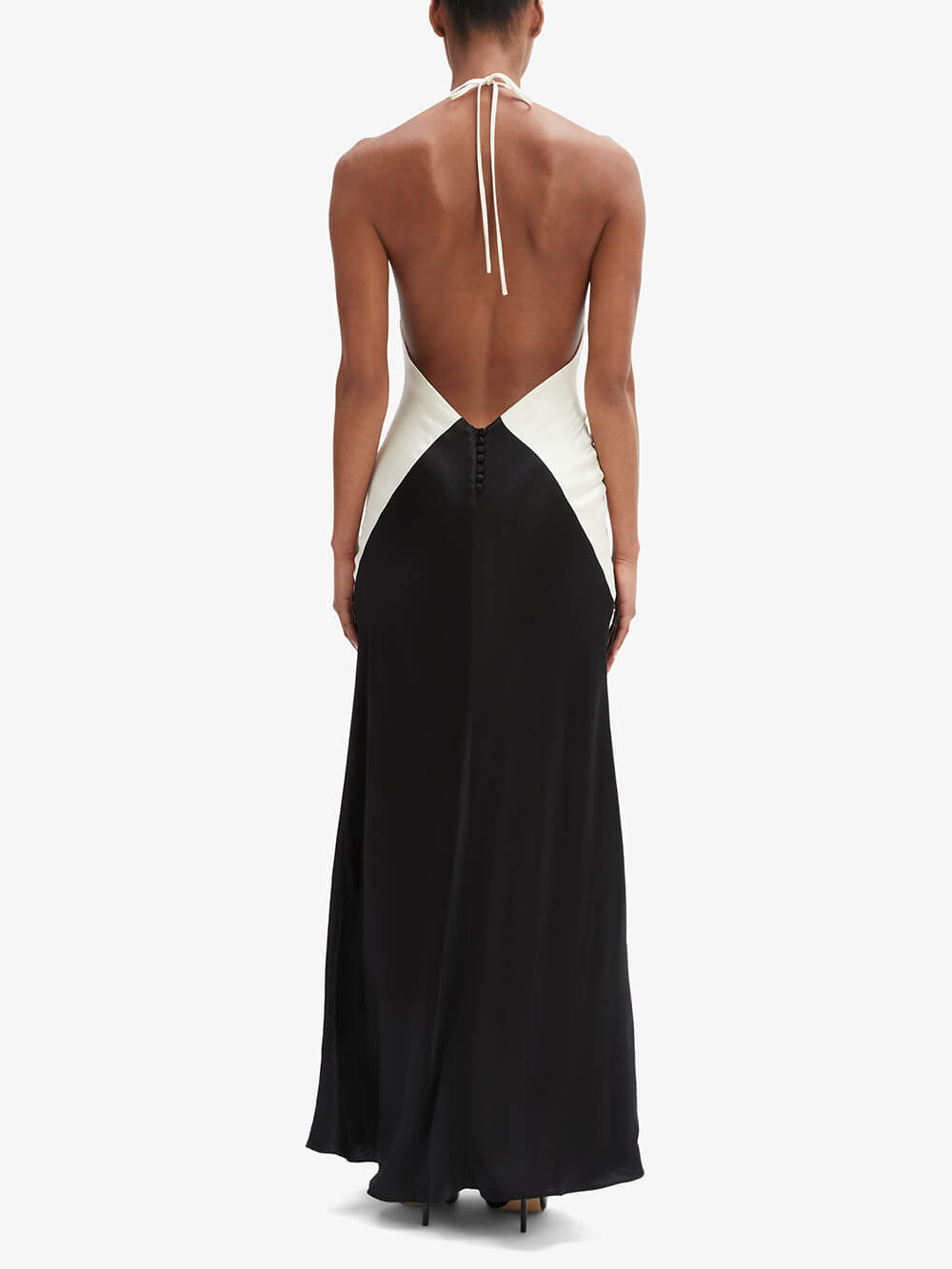 Sexy rückenfreies Maxikleid mit auffälligem V-Ausschnitt und Kontrast
